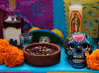 Flower and skeleton alter at Dia de los Muertos, Day of the dead.