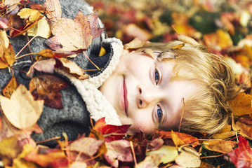 smiling boy in red and yellow fallen leaves, portrait