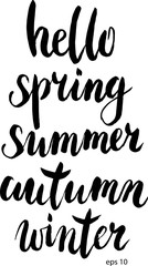 Vector hand drawn hello spring, summer, autumn, winter lettering. Vector illustration. Seasons hand draw lettering for design, t-shirt