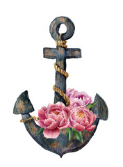 Watercolor retro anchor with rope and peony flowers. Vintage illustration isolated on white background. For design, prints or background © yuliya_derbisheva