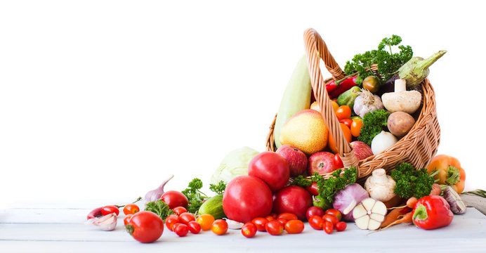 Fototapeta Fresh vegetables and fruits isolated on white background.