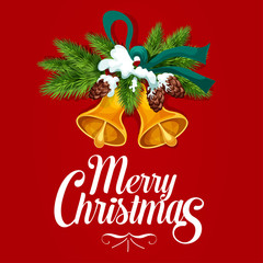 Fototapeta na wymiar Christmas tree with bell and ribbon greeting card