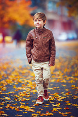 cute boy walking through the autumn city street