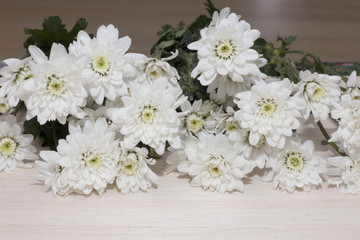 group of white flower on wooden desk,white flower have green leaf,green leaf make oxygen,copy space
