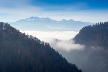 View from Sokolica mountain with clouds in Dunajec valley