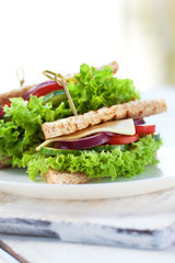 Homemade tasty vegetarian sandwich with fresh vegetables and cheese