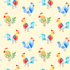Obraz premium Seamless pattern with rooster.Sketch.Symbol of the new year 2017.Watercolor hand drawn illustration.Yellow background.