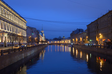 The embankment of the river Moika at night after rain