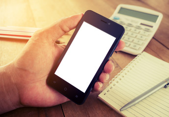 Hand man holding smart phone mobile