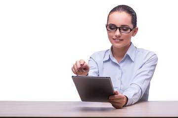 Businesswoman working tablet computer on white background