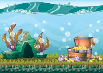 Obraz premium cartoon vector underwater treasure background with separated layers for game art and animation game design asset in 2d graphic