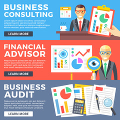 Fototapeta na wymiar Business consulting, financial advisor, business audit flat illustration concepts set. Flat design graphic for web sites, web banners, printed materials, infographics. Modern vector illustrations