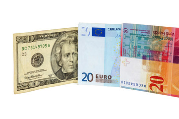 Banknotes of 20 dollars, euro and swiss franc