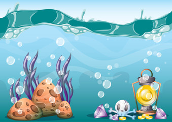 cartoon vector underwater treasure background with separated layers for game art and animation game design asset in 2d graphic