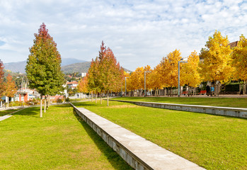 Autumn park with colorful trees on the lakefront of Luino, Varese, Italy
