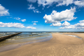 Fototapeta premium Sandy beach in Leba town, Baltic Sea, Poland