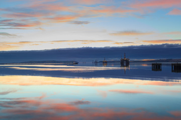 Semi Submersible Oil Rig during Sunrise at Cromarty Firth in Inv