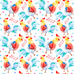 Seamless pattern with rooster.Sketch.Christmas theme.Symbol of the new year 2017.Watercolor hand drawn illustration.White background.