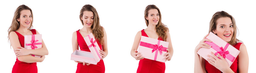 Pretty girl holding gift box isolated on white
