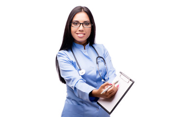 Young female doctor in medical concept isolated on white