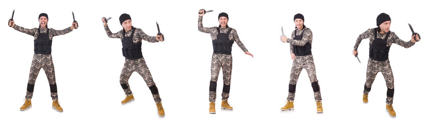 Soldier with knife isolated on white