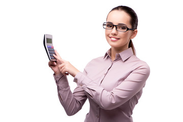 Young accountant with calculator isolated on white