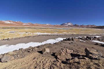 Snow and rocks in the banks of a salt lake