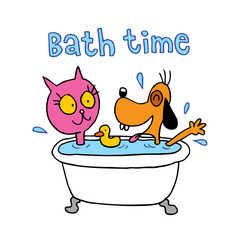 bath time - cute cat and dog characters in a bathtub