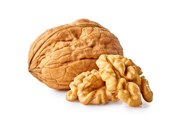 Kernel and whole walnut on white