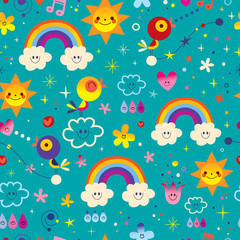 cute birds, flowers, Sun, rainbow, clouds, sky raindrops. extremely impressive seamless pattern. Lovely nature theme