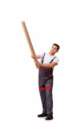 Plumber with plastic pipe isolated on white