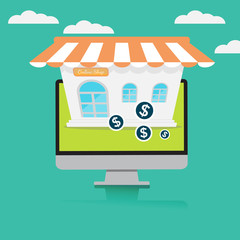 Flat design vector illustration concept for online ordering goods, e-commerce, laptop online shopping