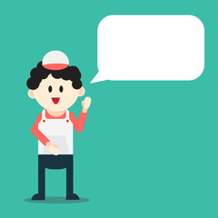 Cute cartoon Shopkeeper character with blank text box: vector illustration
