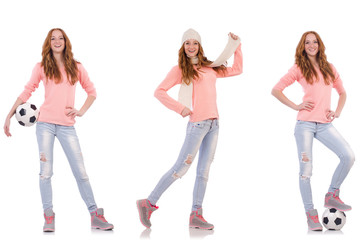 Naklejka premium Young woman with football isolated on white