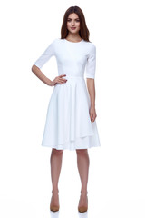 Woman in white short dress fashion catalog clothing beauty