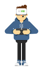 Boy in virtual reality headset holding radio remote controler vector illustration isolated on white background. Unmanned aerial, auto or water vehicle device. Drone using with tablet or smartphone.