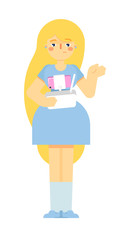 Girl standing and holding radio remote controler vector illustration isolated on white background. Unmanned aerial, auto or water vehicle device. Drone using with tablet or smartphone.