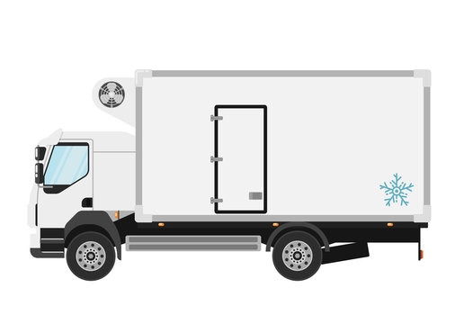 Commercial refrigerated truck isolated on white background vector illustration. Modern lorry truck side view. Vehicle for cargo transportation. Trucking and delivery service. Design element