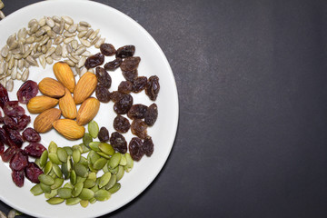 Trail mix in the dish.