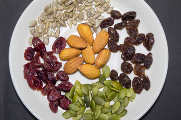 Trail mix in the dish.