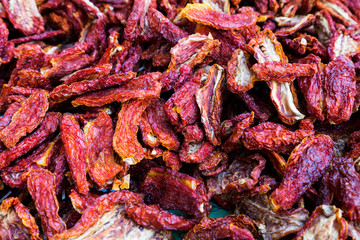 Sun dried tomatoes for sale at a farmers market in Aix-En-Provence, France. 