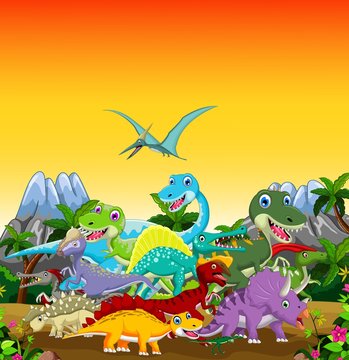funny dinosaur cartoon with forest landscape background