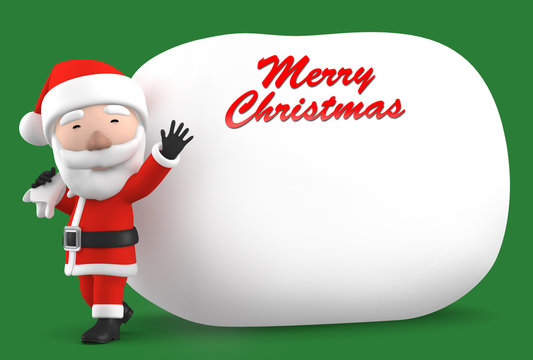 Christmas card with Santa Claus carrying huge bag, message space. 3D illustration