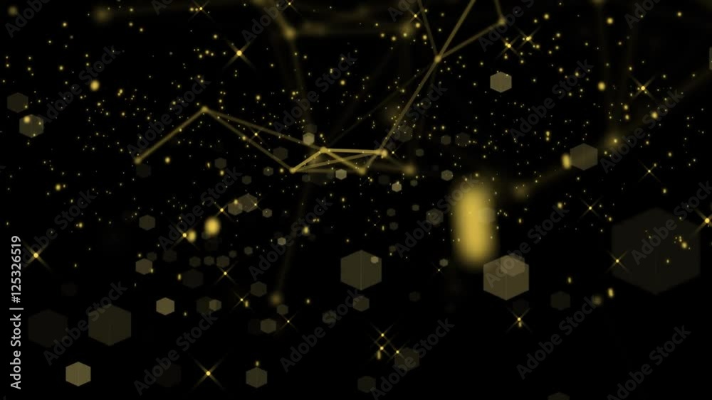 Wall mural plexus shapes falling and golden stars and bokeh hexagons flying around
