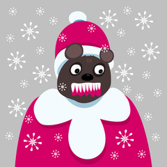 Bloodthirsty dark brown bear dressed in a coat and hat of Santa, in a blizzard, teeth bared, mouth with blood.