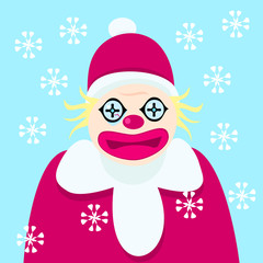 Disturbing clown with bloody fiber of the eye in the clothes of Santa Claus