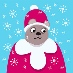 Good smiling bear in the clothes of Santa Claus. It's snowing.
