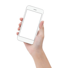 close-up hand hold phone isolated on white, mock up smartphone b