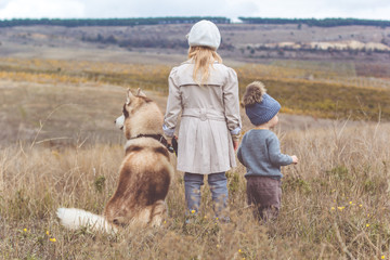 Girl and boy are walking with husky dog