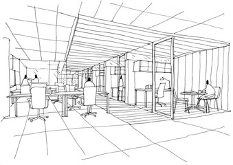 Outline sketch drawing and paint of a interior space,workstation office	